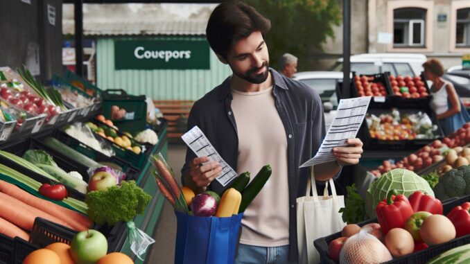 Eine fotorealistische Abbildung eines kaukasischen Verbrauchers, der im Alltag Geld spart. Er ist auf einem lokalen Markt und vergleicht Preise, während er saisonales Obst und Gemüse auswählt. In seinen Händen hält er eine Einkaufsliste und eine Handvoll Coupons. Neben ihm befindet sich eine wiederverwendbare Einkaufstasche, gefüllt mit sorgfältig ausgewählten Artikeln. Sein Gesicht zeigt Zufriedenheit darüber, die besten Angebote gefunden zu haben.